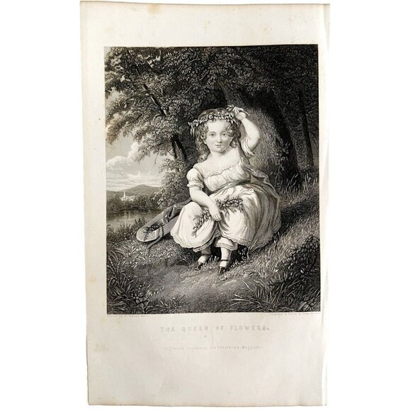 Queen Of Flowers Engraving 1859 Victorian Adorable Crowned Child Art DWY5E - Picture 2 of 2